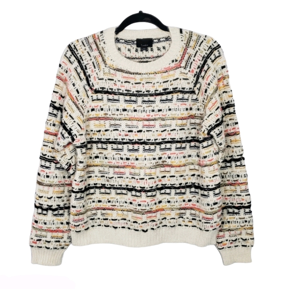 Lumiere Chunky Knit Ivory Striped Crew Neck Sweater M